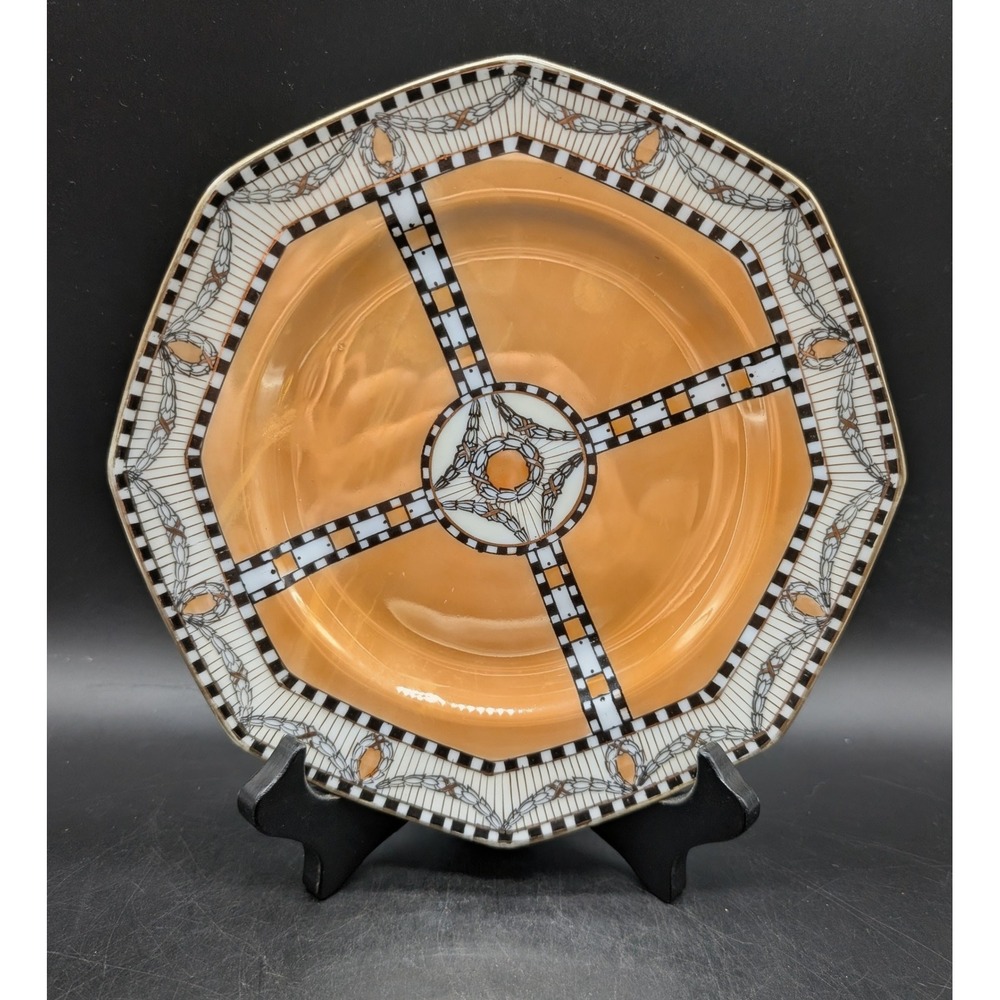 Noritake Art Deco Octagonal Plate Orange Lusterware Checkerboard Hand Painted 9"